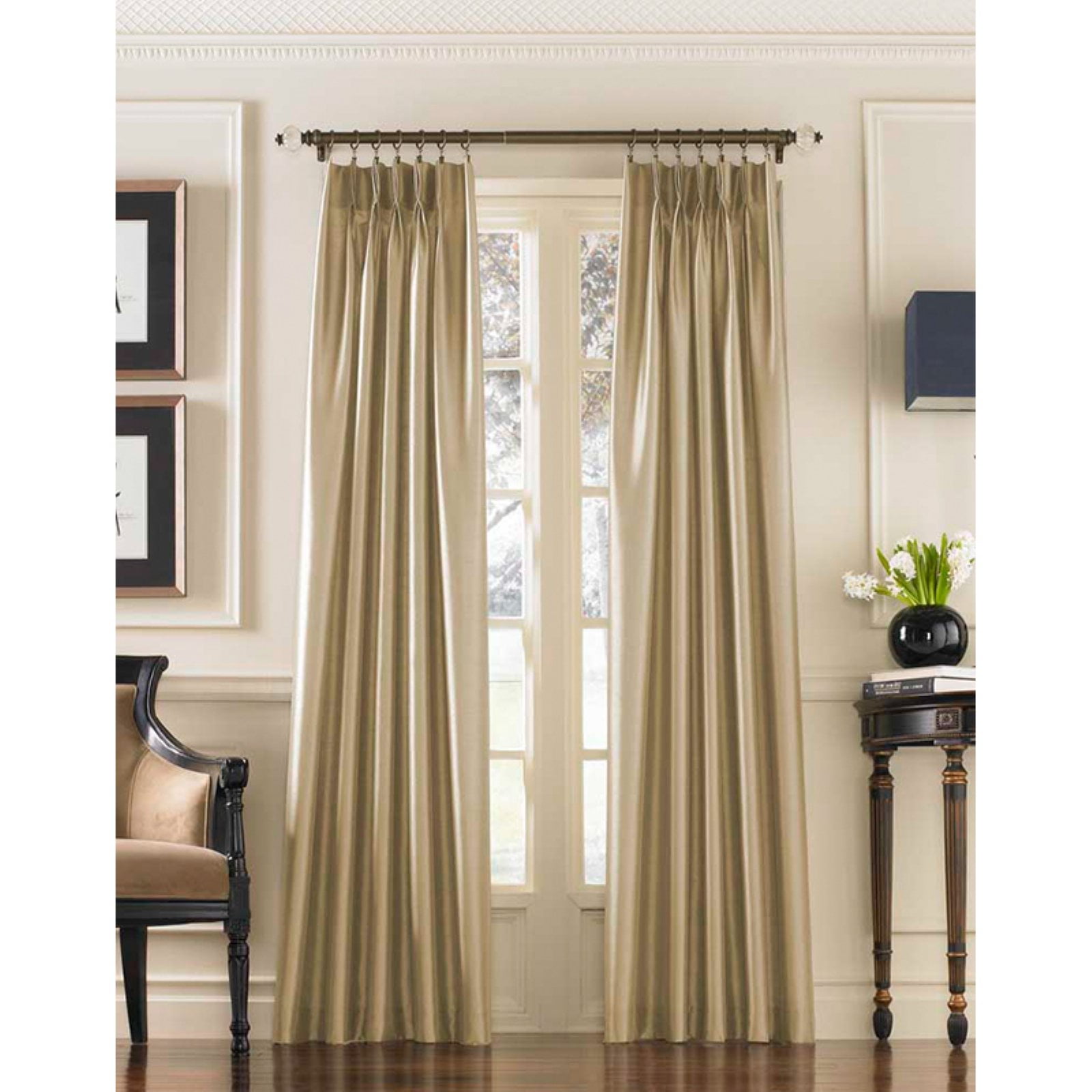Sand Faux Silk Light-Filtering Pleated Curtain Panel