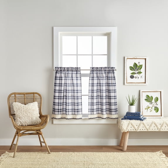 Curtainworks Seaton Polyester Light Filtering Rod Pocket Tier Pair, Navy , 56"x36", Set of 2, Adult