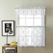 Curtainworks Sibella Lace Cotton, Polyester Sheer Rod Pocket Tier Pair, White, 56"x36", Set of 2, Adult
