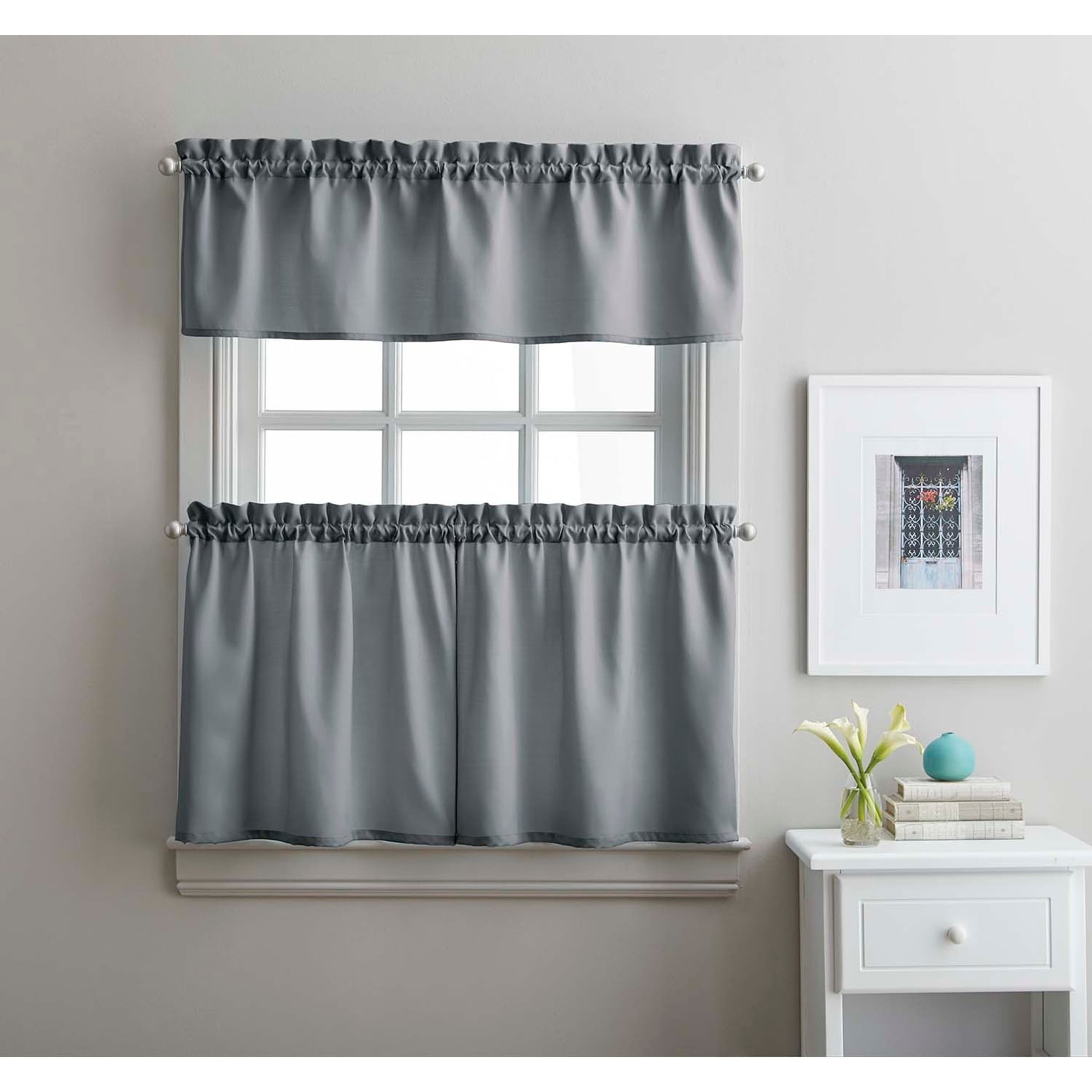 Gray Polyester Light-Filtering Kitchen Curtain Tier Set