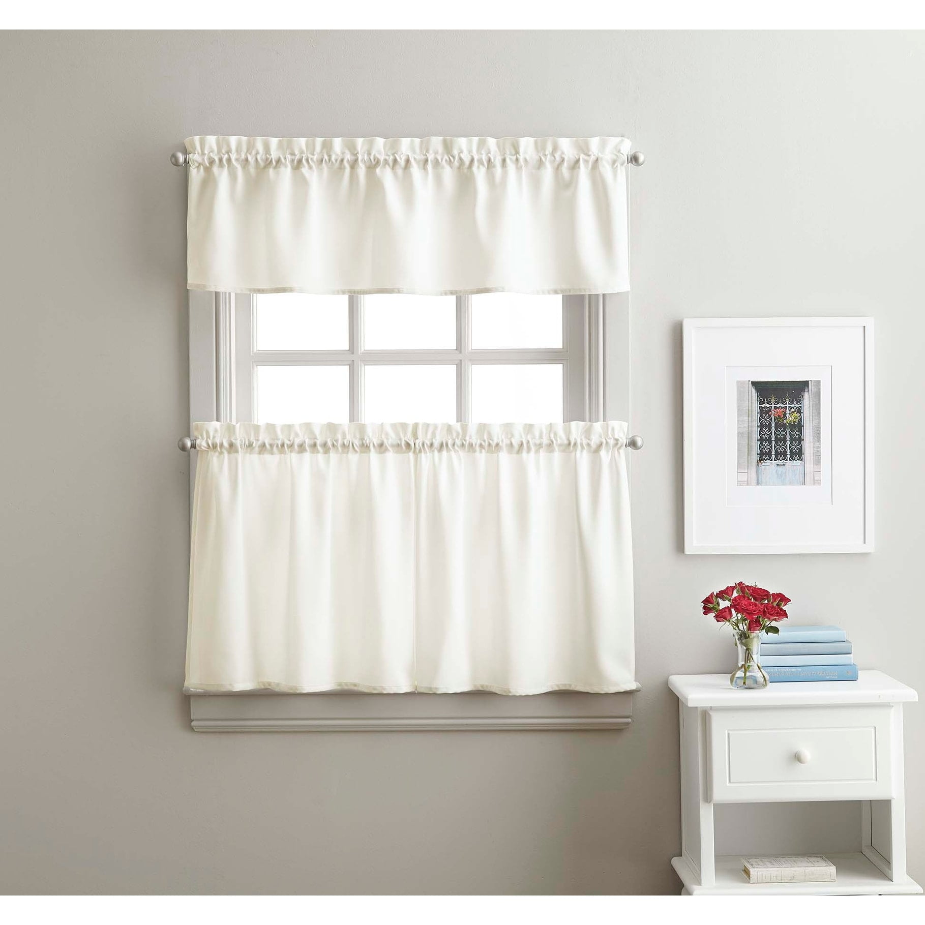 Curtainworks Solid Twill 3-Piece 36" Tier Set Kitchen Curtain, White, Indoor, Polyester, Adult