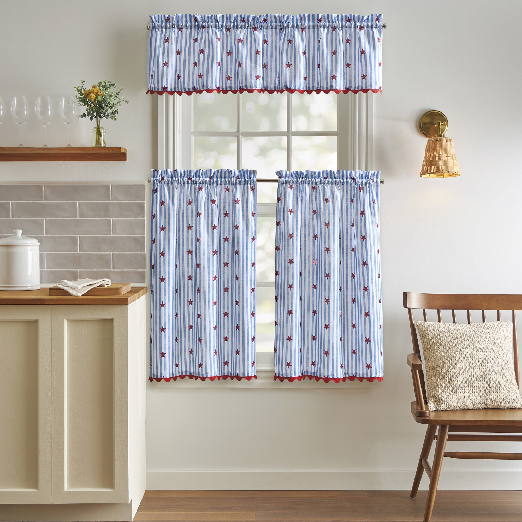 Curtainworks Stars and Stripes 3 Piece Tier and Valance Set Multicolor, Indoor, Pole Top, 56" x 14", Adult