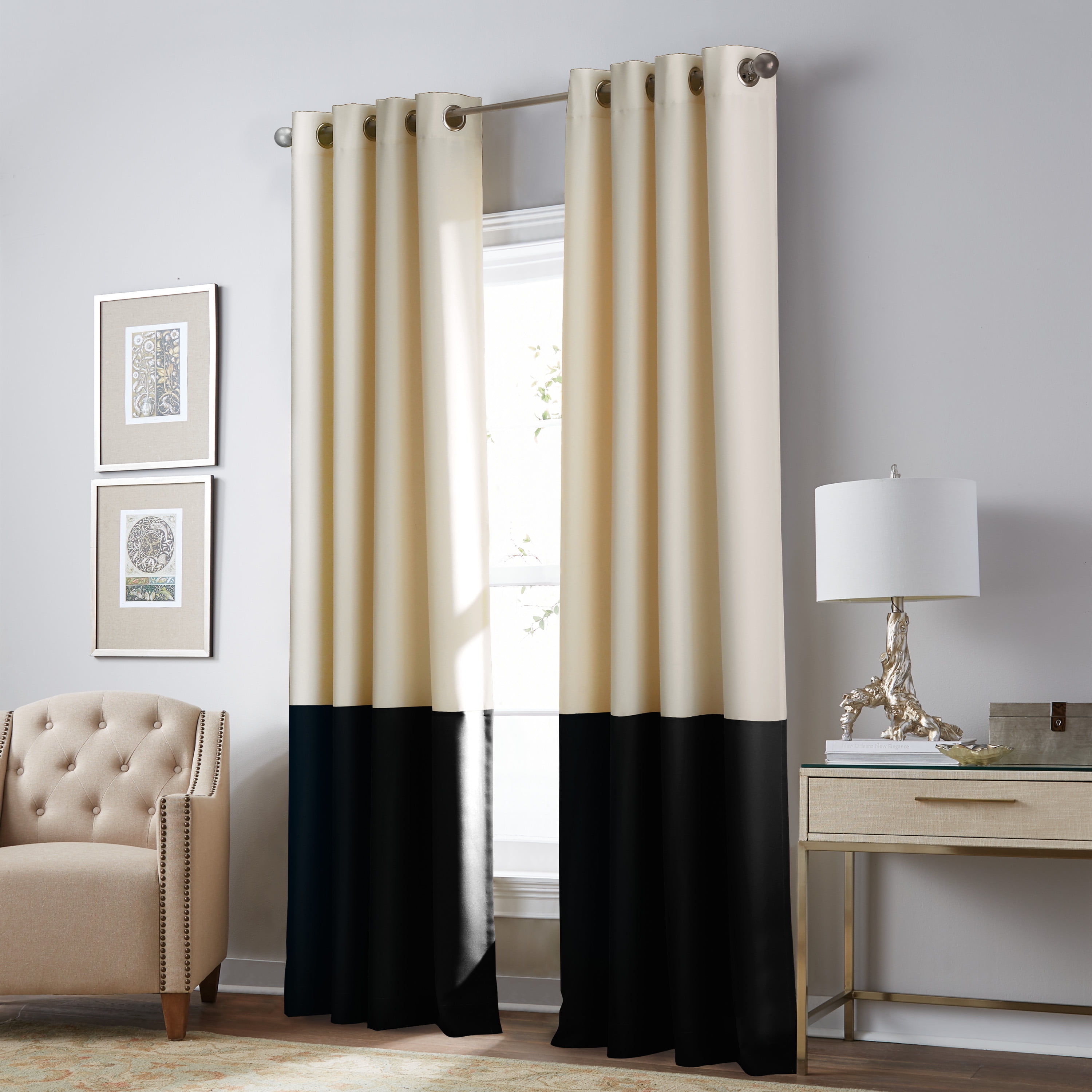 Cream and Black 108" Light-Filtering Polyester Linen Window Panel
