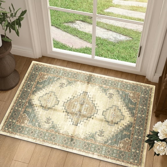 Curtilage 2'x3' Entryway Rug, Washable Door Mat with Rubber Backing Vintage Geometric Non-Slip Soft Low Pile Carpet for Front Door, Entryway, Bathroom