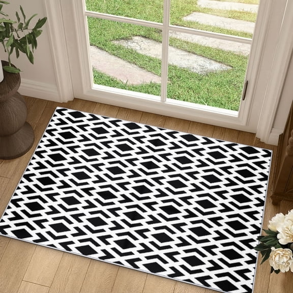 Curtilage 2'x3' Entryway Rug, Washable Door Mat with Rubber Backing Diamond Geometry Non-Slip Soft Low Pile Carpet for Front Door, Entryway, Bathroom