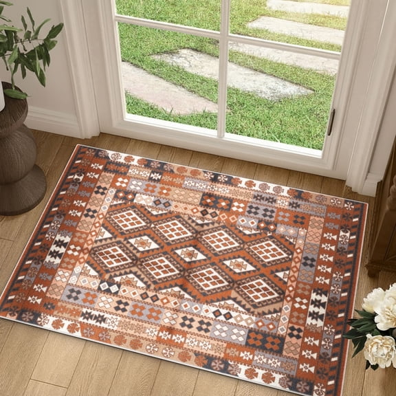 Curtilage 2'x3' Entryway Rug, Washable Door Mat with Rubber Backing Moroccan Prints Non-Slip Soft Low Pile Carpet for Front Door, Entryway, Bathroom