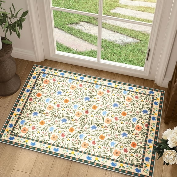 Curtilage 2'x3' Entryway Rug, Washable Door Mat with Rubber Backing Vintage Floral Non-Slip Soft Low Pile Carpet for Front Door, Entryway, Bathroom