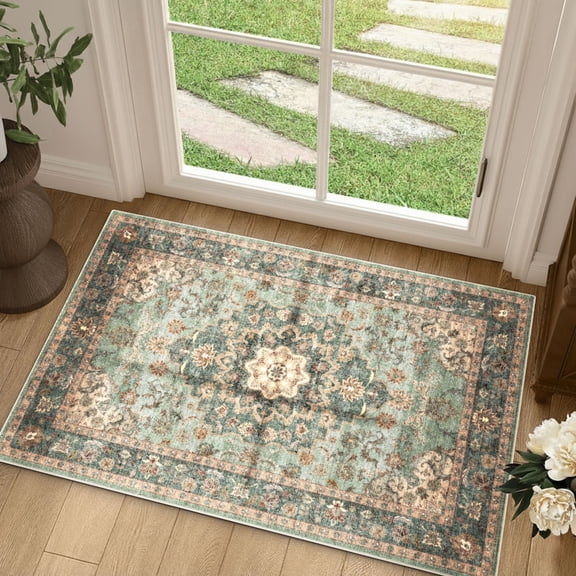 Curtilage 2'x3' Entryway Rug, Washable Door Mat with Rubber Backing Vintage Floral Non-Slip Soft Low Pile Carpet for Front Door, Entryway, Bathroom