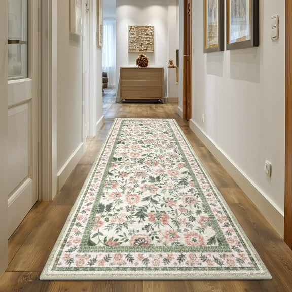 Curtilage 2'x6' Runner Rug for Hallway, Washable Small Indoor Rug Boho Pink Floral Print, Low Pile & Stain Resistant Carpet for Kitchen Bedside