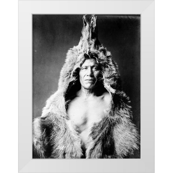 Curtis, Edward 25x32 White Modern Wood Framed Museum Art Print Titled - Bears Belly, Arikara Indian, wearing bearskin