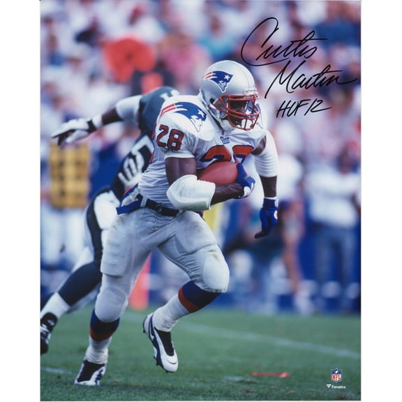 Curtis Martin New England Patriots Autographed 16" x 20" White Jersey Vertical Rushing Photograph with "HOF 12" Inscription - Fanatics Authentic Certified