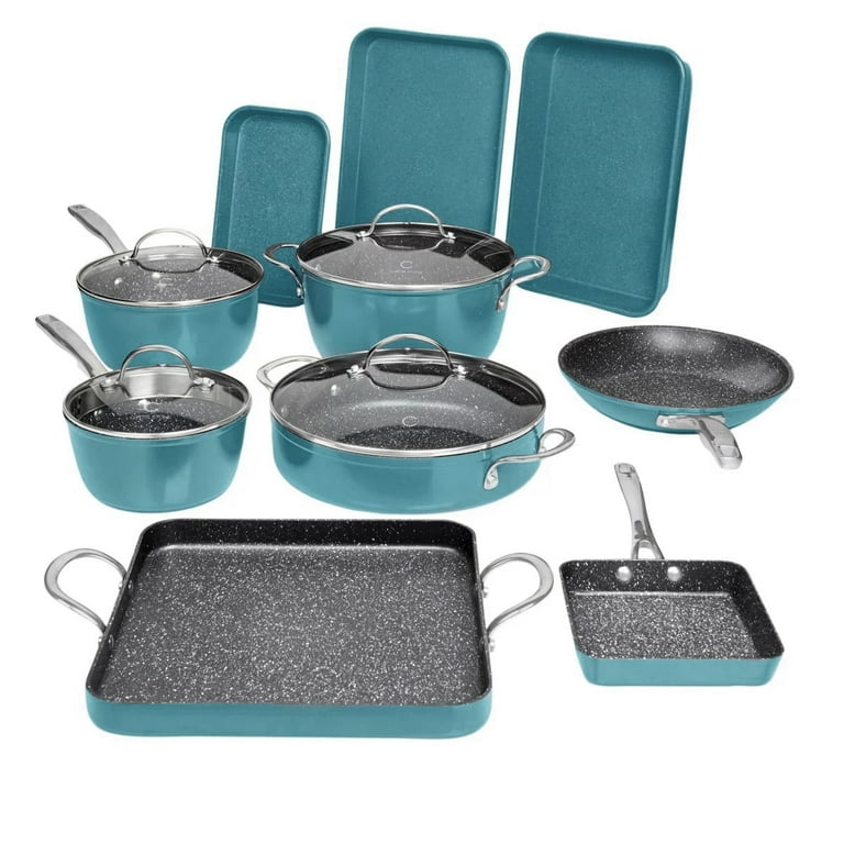 Curtis Stone 14 Piece Dura Pan Nonstick Cookware Set Easy Clean Dishwasher Safe Kitchen Pots Slate Blue Walmart