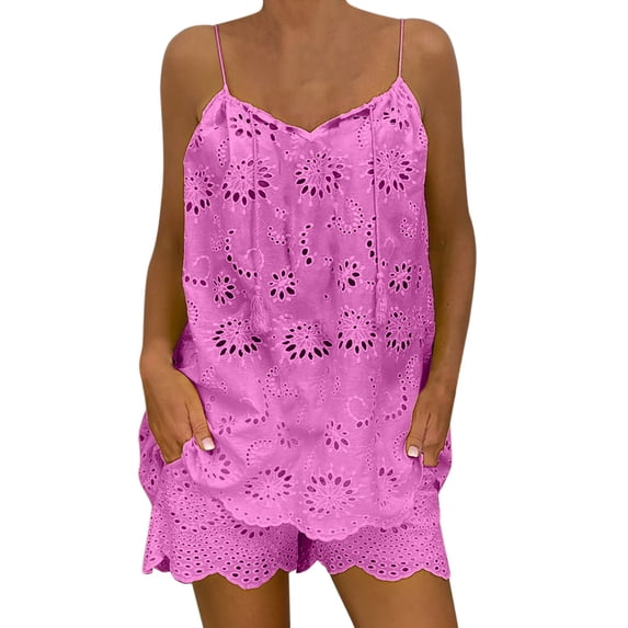 Curuila 2 Piece Sets For Women Solid Color Sleeveless Square Neck Shirt With Shorts Breathable Soft Outfit Set Purple Size L