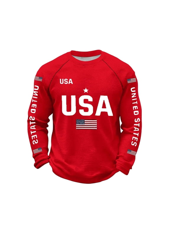 250 Anniversary Usa Shirt For Men Crew Neck Long Sleeve Print Fashion Patriotic Tee Red Size L