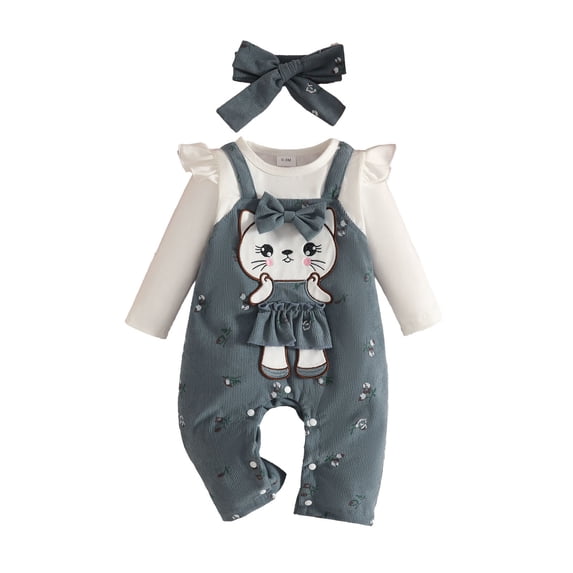 Curuila Baby Infant Girls Jumpsuits With Headbands Long Sleeve Cat Print Crew Neck Romper For Baby Autumn Winter Casual Clothes Navy Size 6-12 Months