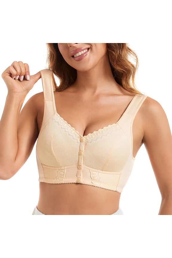 Bras For Women Front Closure Solid Color Lace Wireless Wide Shoulder Strap Comfort Casual Bras Beige Size 58