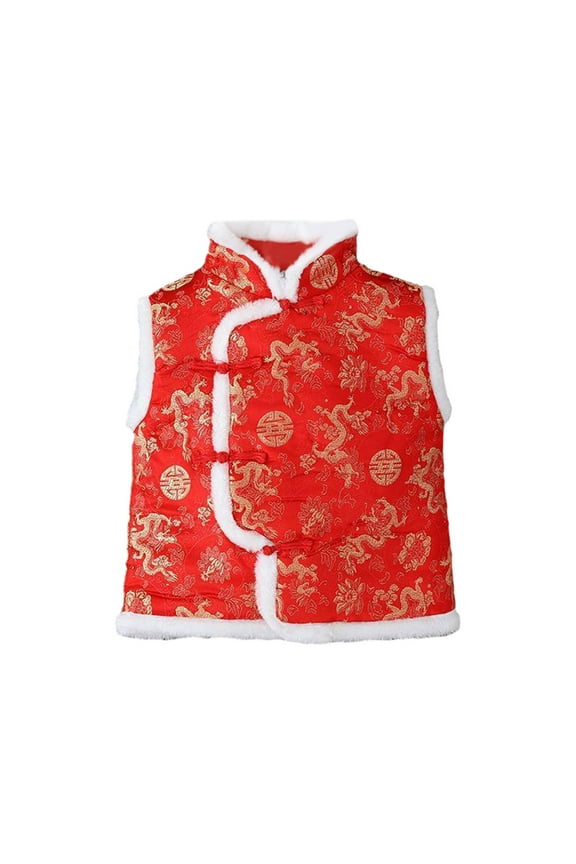 Child Boys Girls Vest Sleeveless Traditional Tang Suit Print Coats Button Mid-Length Outwear Clothes Red Size 18-24 Months
