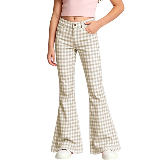 Curuila Child Girls Flared Pants With Pocket High Waist Plaid Print Pants For Girls Loose Fit Fashion Jogger Trousers Size 5-6 Years