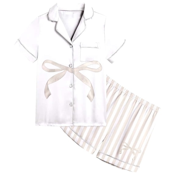 Curuila Child Girls Pajamas Set Short Sleeve Bowknot Print Lapel Button Down Pjs Tops With Shorts Comfortable Homewear Beige Size 2-3 Years
