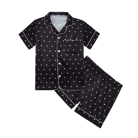 Curuila Child Girls Pajamas Set Short Sleeve Polka Dot Print Lapel Button Down Pjs Tops With Shorts Soft Casual Homewear Black Size 6-7 Years