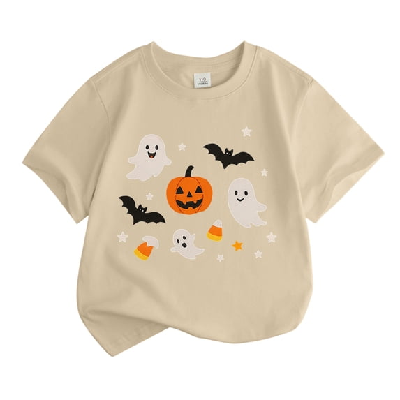 Curuila Child Kids Boys Girls Halloween Tshirt Short Sleeve Hallowmas Cartoon Print Crew Neck T Shirts For Boys Party Comfort Tops Beige Size 4-5 Years