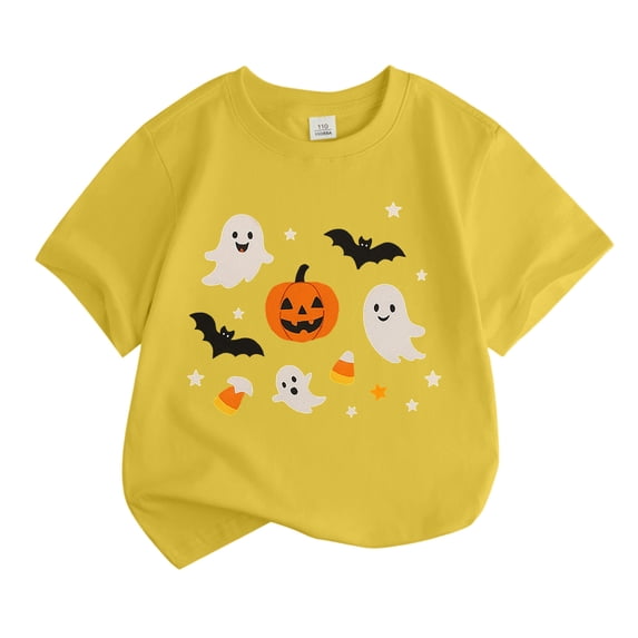 Curuila Child Kids Boys Girls Halloween Tshirt Short Sleeve Hallowmas Cartoon Print Crew Neck T Shirts For Boys Party Comfort Tops Yellow Size 7-8 Years
