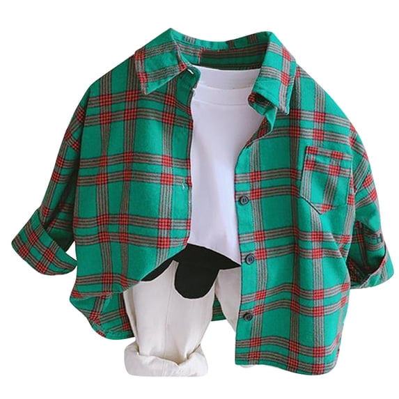 Curuila Child Kids Boys Shirts Long Sleeve Plaid Print Lapel Button Down Shirts For Boys Loose Fit Casual Tops Green Size 2-3 Years