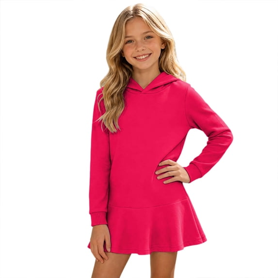 Curuila Child Toddler Girls Dress Long Sleeve Solid Color Hooded Spring Autumn Fashion Dresses For Girls Size 7 Y