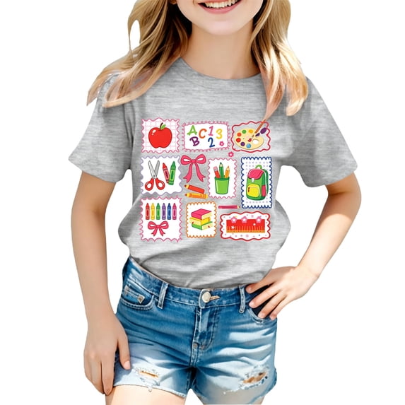 Curuila Child Toddler Girls T-Shirts Short Sleeve Cartoon Print Crew Neck Tops For Girls Loose Fit Fashionable Back To School Clothes Size 8-9 Years