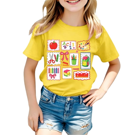 Curuila Child Toddler Girls T-Shirts Short Sleeve Cartoon Print Crew Neck Tops For Girls Loose Fit Fashionable Back To School Clothes Size 10-12 Years