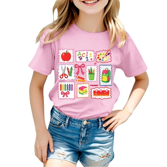 Curuila Child Toddler Girls T-Shirts Short Sleeve Cartoon Print Crew Neck Tops For Girls Loose Fit Fashionable Back To School Clothes Size 18-24 Months