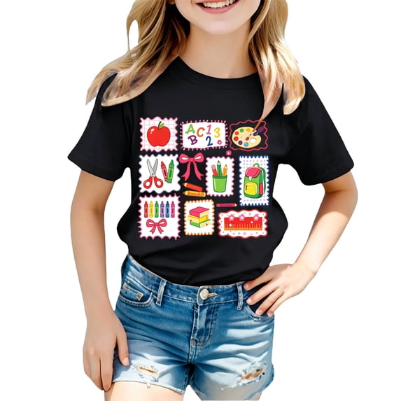 Curuila Child Toddler Girls T-Shirts Short Sleeve Cartoon Print Crew Neck Tops For Girls Loose Fit Fashionable Back To School Clothes Size 18-24 Months