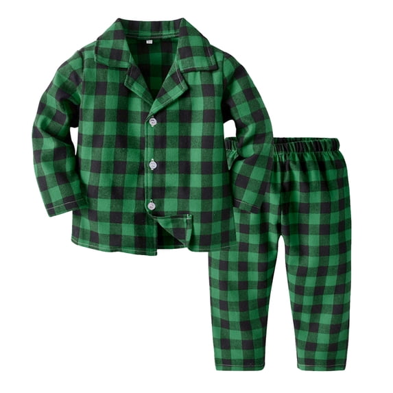 Curuila Children Boys 2 Piece Outfit Lapel Button Down Plaid Print Long Sleeve Tops With Pants Spring Autumn Fashion Outfit Set Green Size 3-4 Years