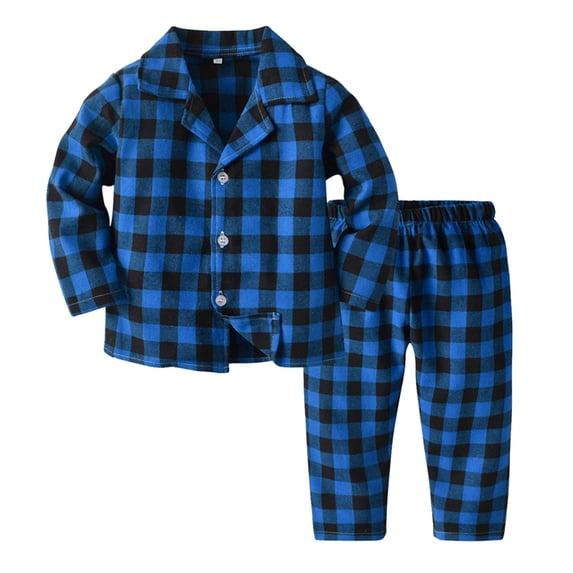 Curuila Children Boys 2 Piece Outfit Lapel Button Down Plaid Print Long Sleeve Tops With Pants Spring Autumn Fashion Outfit Set Blue Size 18-24 Months