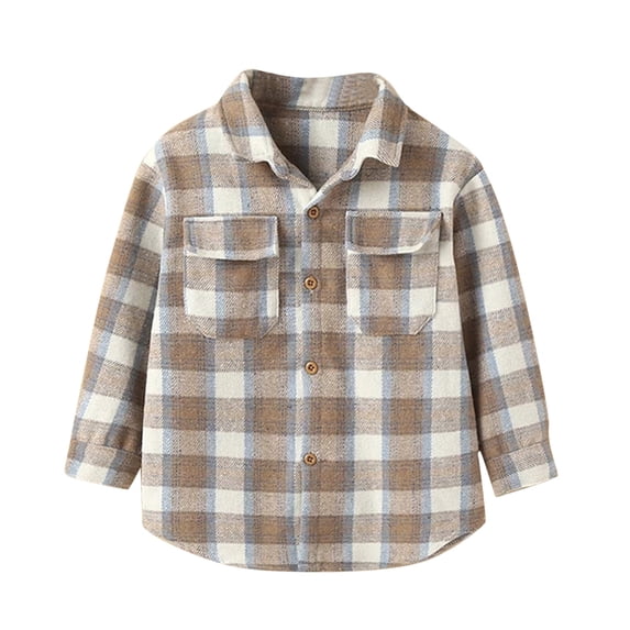 Curuila Children Boys Coat With Pocket Long Sleeve Plaid Print Lapel Button Down Shirts For Boys Spring Autumn Comfort Tops Beige Size 4-5 Years