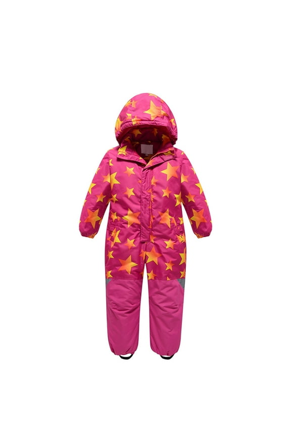 Children Boys Girls Coats Ski Suit Thermal Overall Winter Warm Snow Windproof Long Sleeve Stars Cartoon Print Hooded Zipper Long Jumpsuit Pink Size 3-4 Years