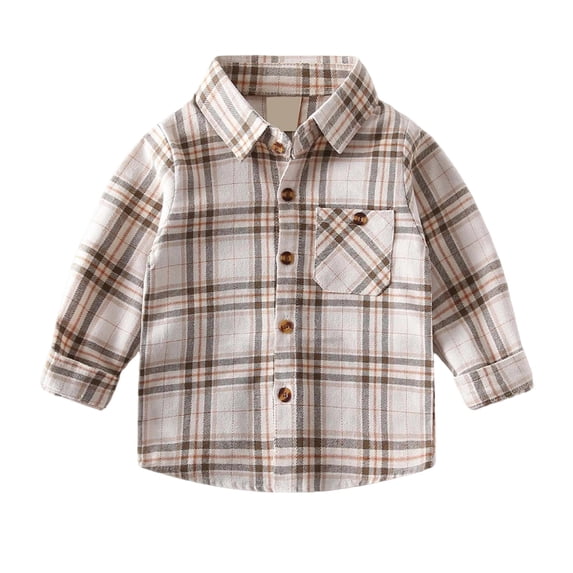 Curuila Children Boys Shirts With Pocket Long Sleeve Plaid Print Lapel Button Down Shirts For Boys Loose Fit Fashion Tops Beige Size 18-24 Months