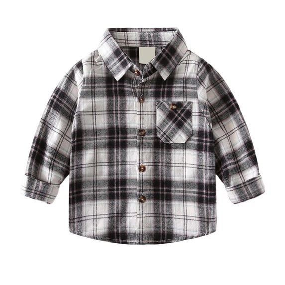 Curuila Children Boys Shirts With Pocket Long Sleeve Plaid Print Lapel Button Down Shirts For Boys Loose Fit Fashion Tops Black Size 5-6 Years