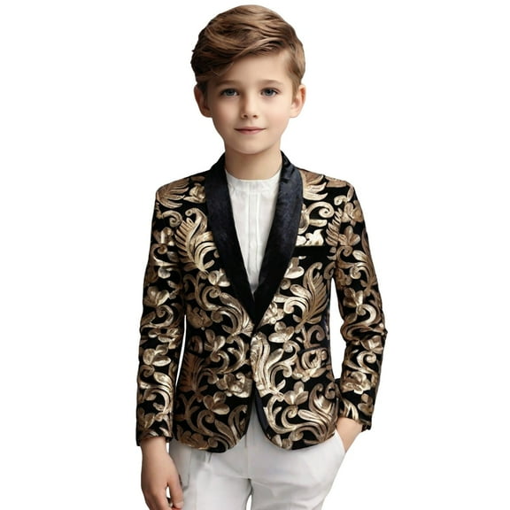 Curuila Children Boys Suit Cartoon Print Fashion Sequin Slim Fit Long Sleeve Lapel Casual Lightweight Mid-Length Coat With Button Black Size 9-10 Years