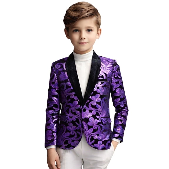 Curuila Children Boys Suit Cartoon Print Fashion Sequin Slim Fit Long Sleeve Lapel Casual Lightweight Mid-Length Coat With Button Purple Size 11-12 Years