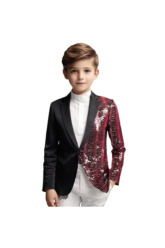 Children Boys Suit Solid Color Fashion Sequin Slim Fit Long Sleeve Lapel Casual Lightweight Mid-Length Coat With Button Red Size 6-7 Years