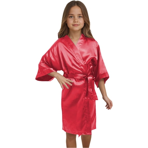 Curuila Children Girls Bathrobe Short Sleeve Solid Color V Neck Pjs Coat Robes Loose Fit Soft Comfort Loungewear Red2 Size 11-12 Years