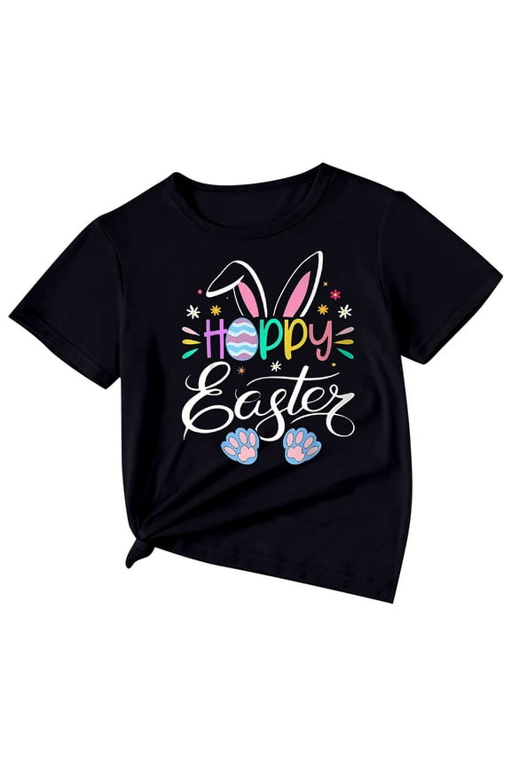 Children Girls Boys Tops Cute Letter Print Short Sleeve Crew Neck Casual Fashion T Shirt Black Size 5-6 Years