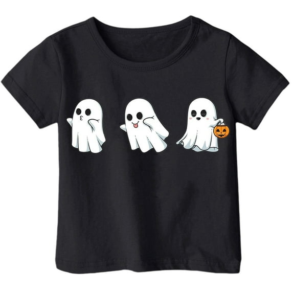 Curuila Children Girls Boys Tops Halloween Themed Cartoon Printed Short Sleeved Crew Neck T Shirt Black Size 2-3 Years