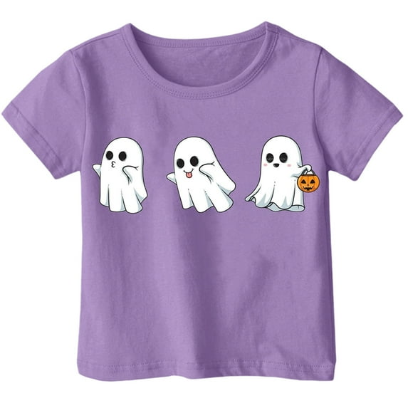 Curuila Children Girls Boys Tops Halloween Themed Cartoon Printed Short Sleeved Crew Neck T Shirt Purple Size 8-9 Years