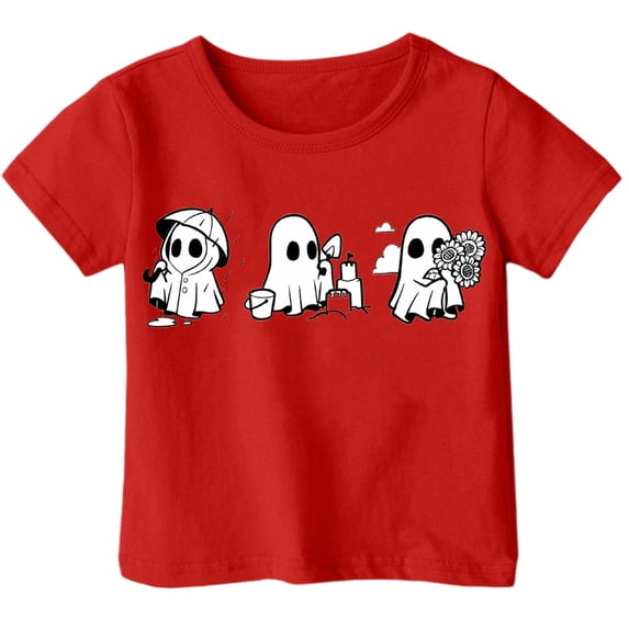 Curuila Children Girls Boys Tops Halloween Themed Cartoon Printed Short Sleeved Crew Neck T Shirt Red Size 3-4 Years