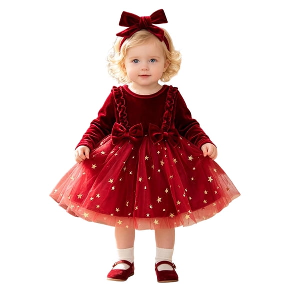 Curuila Children Girls Christmas Dress Long Sleeve Stars Mesh Crew Neck With Bowknot Soft Casual Dresses Size 12-18 Months