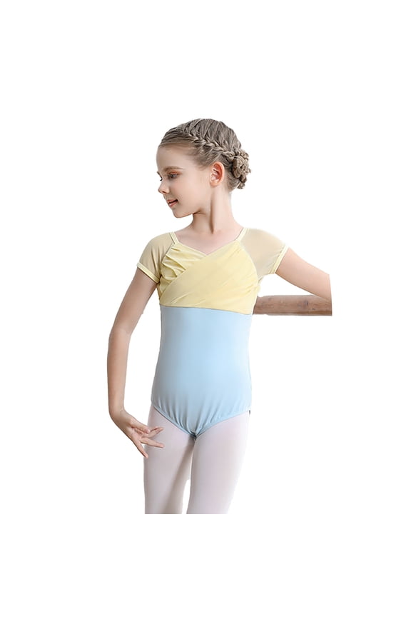 Children Girls Dance Romper Ballet Summer Short Sleeve V Neck Color Block For Performance Comfort Casual Jumpsuit Yellow Size 11-12 Years