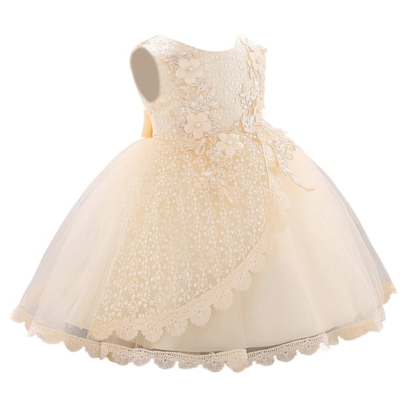 Curuila Children Girls Dresses With Lace Solid Color Crew Neck Sleeveless For Party Fashionable Dress Yellow Size 12-18 Months