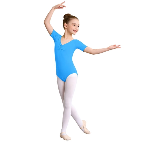 Curuila Children Girls Jumpsuit Elegant Dance Short Sleeve V Neck Solid Color Casual Soft Bodysuits Blue Size 6-7 Years